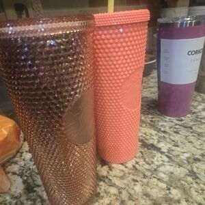 Starbucks Metallic Rose Gold and Coral Studded Cold Cups